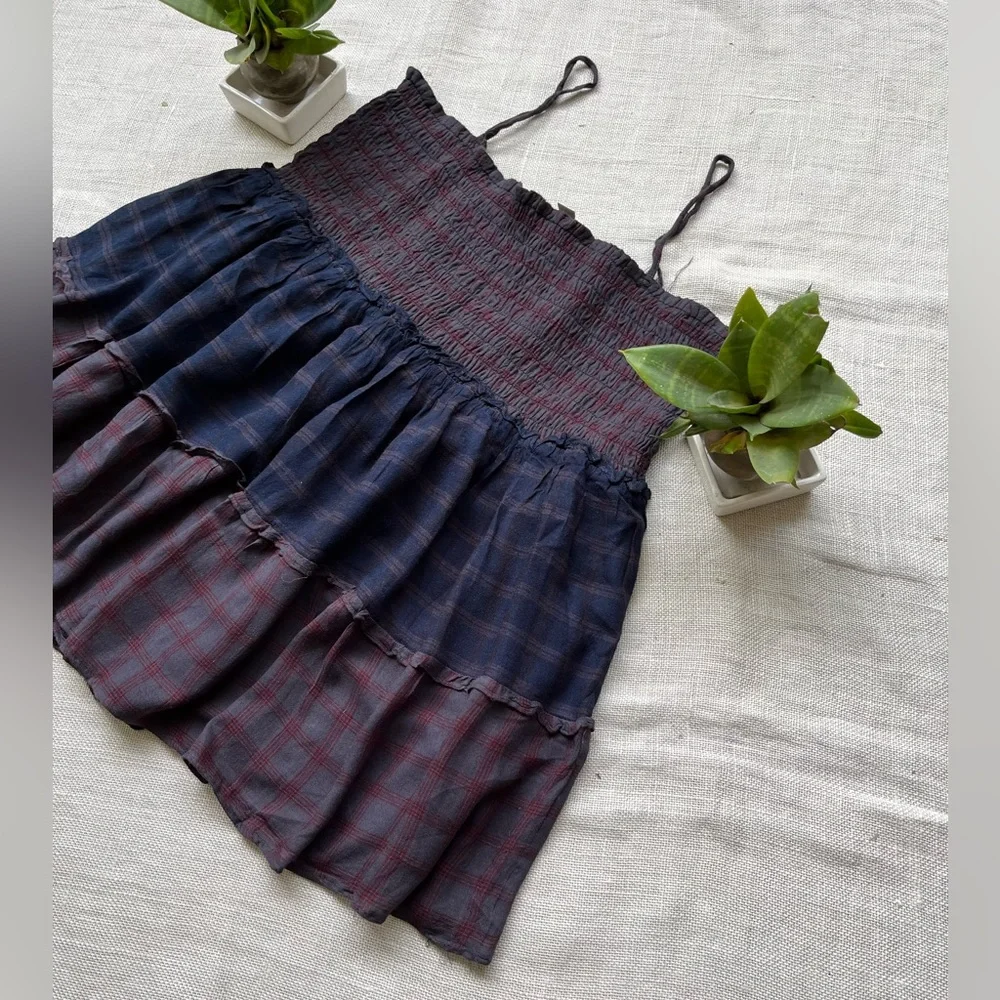 SOLD ❌ Brown and Blue Checked Smocked Top with noodle straps from LOFT - Picture 4 of 5